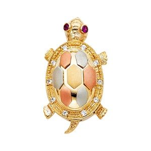 14K Tri Color CZ Turtle Pendant